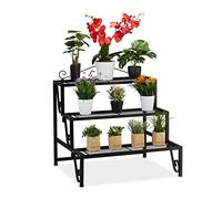 Relaxdays Escalera Plantas de Metal, 3 Pisos, Exterior e Interior, Estantería Flores con Adornos, 69 x 70 x 60 cm, Negro
