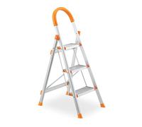 Relaxdays Escalera Plegable 3 Peldaños, Aluminio, hasta 150 kg, Antideslizante, Estribo de Sujeción, Plateado/Naranja, 3 Stufen