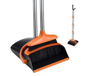 Relaxdays Escoba/Recogedor/Peine 2 en 1, 4 pz, Negro/Naranja | 116x27x26 cm (mango máx. 124 cm), PP+inox 201