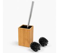 Relaxdays escobilla WC con Soporte, bambú, Natural/Plateado | mango de acero inoxidable, 2 recambios, 37x9,5x9,5 cm