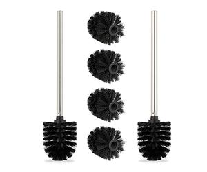 Relaxdays Escobillas Baño, Set 2, Cepillos Inodoro, Incluye 4 Repuestos, Escobillero Acero Inoxidable, 35 x 8 cm, Negro