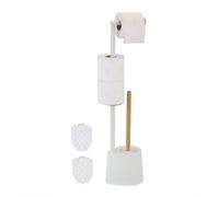 Relaxdays Escobillero con Portarrollos, Bambú, Acero Inoxidable, Soporte Papel Higiénico y Escobilla Vertical, Blanco, 66.5 x 16 x 11 cm