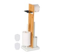Relaxdays Escobillero y Portarrollos Baño, Bambú, 68x27x18 cm, Balda, Vertical, Escobilla con Soporte, Blanco/Natural, Hierro, Plástico