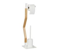 Relaxdays Escobillero con Portarrollos Moderno, de Pie, Escobilla con Cabezal Intercambiable, 76x20x20cm, Blanco/Natural