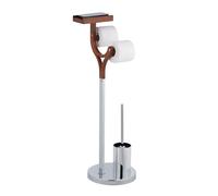 Relaxdays Escobillero con Portarrollos y Balda, Portaescobillas de Pie, Escobilla de Váter, 84x25x30cm, Plateado/Marrón
