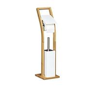 Relaxdays Escobillero Portarrollos de Pie, Bambú-Madera-Metal, Marrón-Blanco, 75 x 19 x 19 cm