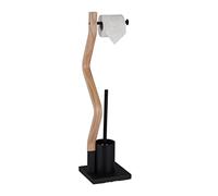 Relaxdays Escobillero Portarrollos de Pie Diseño Curvo, Accesorio Baño Acero, 75x18,5x18,5 cm, Negro/Natural, Tablero de Fibras
