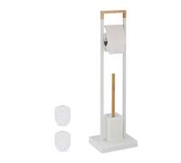 Relaxdays Escobillero con Portarrollos de Baño y WC, Bambú y Acero Inoxidable, Escobilla con Recipiente, Blanco/Natural