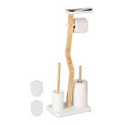 Relaxdays Escobillero y Portarrollos Baño, 80x30x20 cm, Bambú, Balda, Vertical, Escobilla con Soporte, Blanco/Natural, Hierro, Plástico