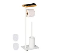 Relaxdays Escobillero y Portarrollos para Baño, Bambú y Hierro, Independiente, Escobilla con Soporte, Blanco/Natural, Plástico, 65 x 23 x 18 cm