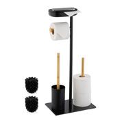 Relaxdays Escobillero y Portarrollos para Baño, Bambú y Hierro, 66,5 x 30 x 20 cm, Escobilla con Soporte, Negro/Natural, Plástico