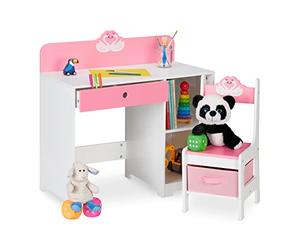 Relaxdays Escritorio Infantil con Diseño de Cisne, Mesa Niños con Silla, Escuela, Pintura, 79,5 x 80 x 40 cm, Borde Alto, Rosa y Blanco