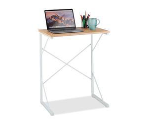 Relaxdays Escritorio Pequeño para Portátil, Mesa Ordenador, Mesita Estudio, MDF y Hierro, 75x60x40 cm, Blanco y Marrón