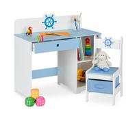Relaxdays Escritorio Infantil con Silla, Cajón y 2 Compartimentos, Diseño Marinero, Muebles para Niños, Azul y Blanco, Tablero de Fibras, 79,5 x 80 x 40 cm