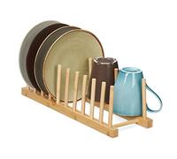Relaxdays Escurreplatos, 10 Platos, Tablas de Picar, Tapas de Ollas, Soporte Vajilla, Escurridor Vajilla Bambú, Natural