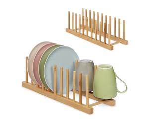 Relaxdays Escurreplatos Juego de 2, 10 Platos c/u, Tapas de Olla, Tablas de Picar, Escurridor Vajilla Bambú, Natural