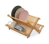 Relaxdays Escurreplatos Plegable, 2 Niveles, Secador Platos, Tazas, Cuencos, Bambú, Soporte Escurridor Vajilla, Natural