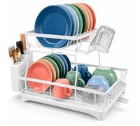 Relaxdays, escurridor de Dos Niveles, con Soporte para Cubiertos, Blanco | para platos y tazas, escurridor de vajilla