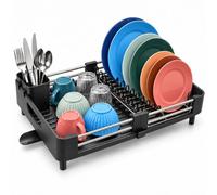 Relaxdays escurridor Extensible, cesto para Cubiertos, Bandeja, Negro | plástico, acero inoxidable