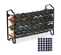 Relaxdays Especiero Cocina, 24 Botes, Acero Inoxidable, Estante para Especias con Etiquetas, 25,5x38,5x12,5 cm, Negro, Papel, Vidrio