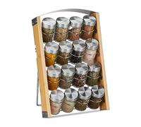 Relaxdays Especiero con 16 Botes, 80 ml, Organizador Especias Bambú, Tarros Rellenables, 37x23,5x18 cm, Natural/Plateado