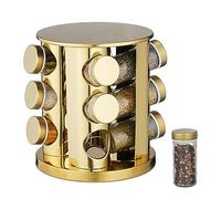 Relaxdays Especiero Giratorio, 12 Dosificadores, 360º, Dorado | Acero Inoxidable, Cristal, 22 x 20 cm, Soporte Especias