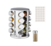 Relaxdays Especiero Giratorio, 16 Dosificadores de 80 ml, 360º, Acero Inoxidable, Cristal, Soporte Especias, Plateado, 29 x 22 x 22 cm