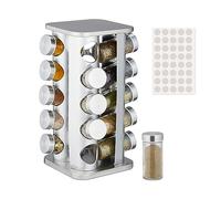 Relaxdays Especiero Giratorio, 20 Dosificadores, 360º, 40 Etiquetas, Acero Inoxidable, Cristal, 33,5x20x20 cm, Plateado
