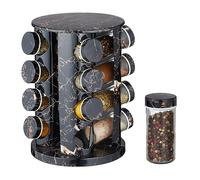 Relaxdays Especiero Giratorio con 16 Botes, Dosificadores, Rotatorio, Soporte Especias Rellenables, Efecto Mármol, Negro, Acero, 27,5 x 19 x 19 cm