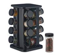 Relaxdays Especiero Giratorio con 16 Botes para Especias, Acero INOX. y Vidrio, Cocina, Comedor, 27,5x20x20cm, Negro, Inoxidable