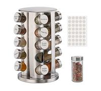 Relaxdays Especiero Giratorio con 20 Botes, 40 Etiquetas, Rotativo a 360º,Tarros Rellenables, Acero Inoxidable, Plateado, 33,5 x 19,5 cm
