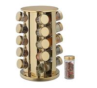 Relaxdays Especiero Giratorio con 20 Botes, con Dosificadores, Rotatorio 360º, Soporte Especias Acero Inoxidable, Dorado, 33,5 x 23 x 23 cm