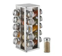 Relaxdays Especiero Giratorio con 20 Botes Cristal, Prisma Organizador Especias, Acero Inox., Giro 360º, 33x20 cm, Plata