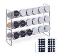 Relaxdays Especiero Metal con 18 Botes Cristal, Estante Almacenaje Especias Hierbas Secas 3 Niveles, 22x29x9,5 cm, Plata, Hierro