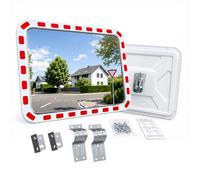 Relaxdays Espejo Vial Rectangular, 60x80 cm, Blanco/Rojo | Soporte para Poste, Borde Reflectante, Exterior