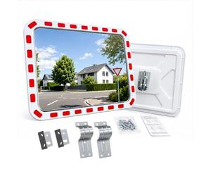 Relaxdays Espejo Vial Rectangular, 60x80 cm, Blanco/Rojo | Soporte para Poste, Borde Reflectante, Exterior