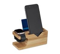 Relaxdays Charging Station, Tablet & Smartphone, H x W x D: 6 x 14 x 6.5, Bamboo, Natural Estación de Carga, para Apple Watch y iPhone, Bambú, 6 x 14 x 6,5 cm, Soporte para Teléfono y Reloj