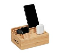 Relaxdays Varios Dispositivos Estación de Carga, Organizador Cables, para Apple Watch, Tablets y Smartwatch, Bambú, 11 x 17 x 13 cm, Natural