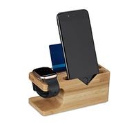 Relaxdays Charging Station, Tablet & Smartphone, H x W x D: 6 x 14 x 6.5, Bamboo, Natural Estación de Carga, para Apple Watch y iPhone, Bambú, 6 x 14 x 6,5 cm, Soporte para Teléfono y Reloj