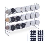 Relaxdays Especiero Metal con 18 Botes Cristal, Estante Almacenaje Especias Hierbas Secas 3 Niveles, 22x29x9,5 cm, Plata
