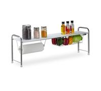 Relaxdays Estante para Fregadero, con Portarrollos, Estantería de Cocina con Cesta, Metal, 32x94x23 cm, Blanco/Plateado