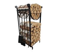 Relaxdays Estante para leña herramientas de chimenea, 2 niveles, tenazas, escoba, pala, hierro, negro