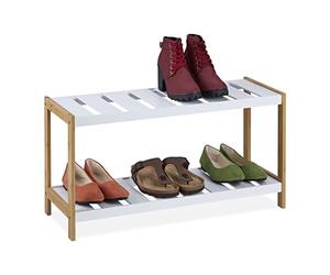 Relaxdays Estante Zapatero, 2 Niveles, 6 Pares de Zapatos, 35,5 x 70 x 26,5 cm aprox., MDF y Bambú, Blanco y Natural