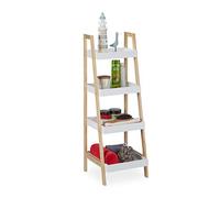 Relaxdays Estantería Baño, 4 Bandejas, Estante Escalera, MDF y Madera de Pino, Abierta, 98,5x34,5x36 cm, Blanco/Natural