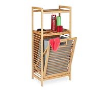 Relaxdays Estantería Baño Cesto Colada, 2 Baldas, Colector Ropa Inclinable, Bambú y Tela, 95 x 40 x 30 cm, Natural Gris