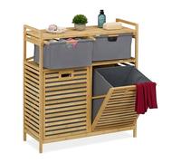 Relaxdays Estantería Baño con 2 Cestos Ropa Sucia, Basculante, 40 L, Balda y 2 Cajones, Bambú, 95x88x33 cm, Natural/Gris