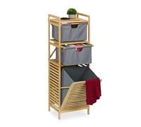 Relaxdays Estantería Baño con Cesto Ropa Sucia, Basculante, 30 L, Balda y 2 Cajones, Bambú, 120x40x33 cm, Natural/Gris, Poliéster