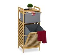 Relaxdays Estantería Baño con Cesto Ropa Sucia, Basculante, 30 L, Balda y Cajón, Bambú, Tela, 95x40x33 cm, Natural/Gris