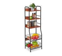 Relaxdays Estantería Cocina Industrial con 5 Baldas y 2 Cestos, Mueble Metal, MDF, 121,5x40x30cm, Negro, Hierro