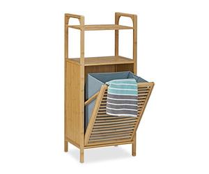 Relaxdays Estantería con Cesto de la Colada, Dos Estantes, Mueble de Baño, 25 litros, 95 x 40 x 30 cm, Marrón Natural